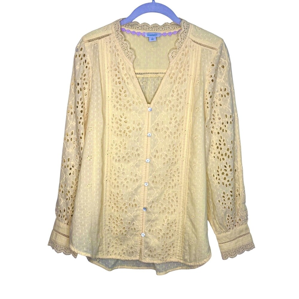 Sundance Blouse Womens Large Yellow Eyelet Lace Button Front Tunic Top Boho